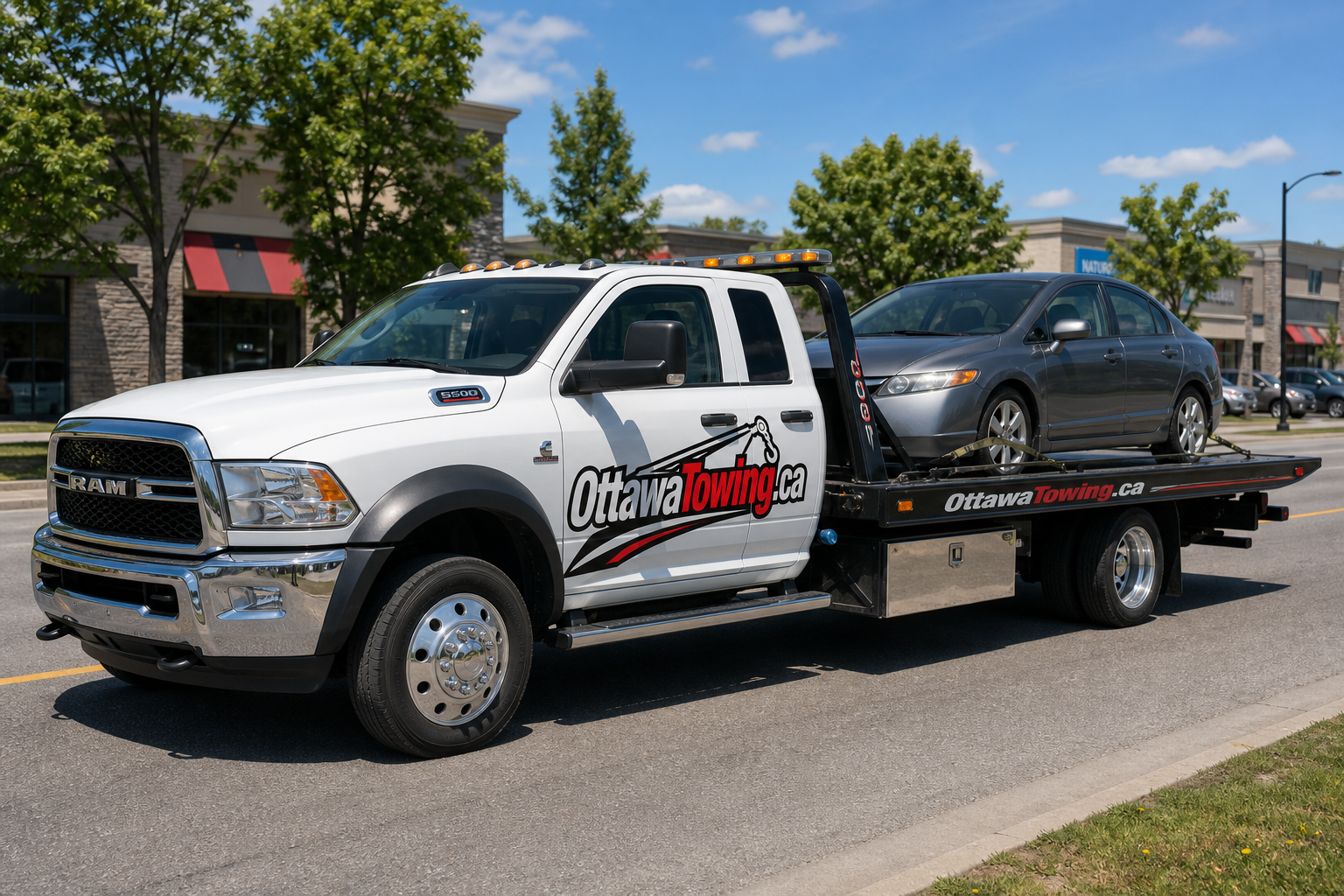 Ottawa Towing flatbed truck transporting a vehicle