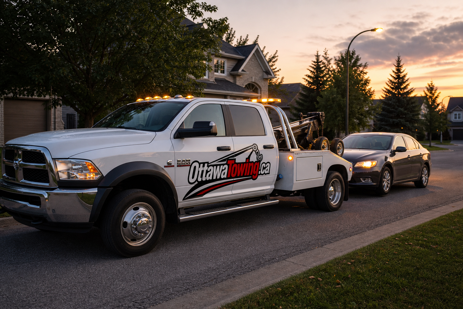 Ottawa Towing truck helping a driver during an evening roadside call