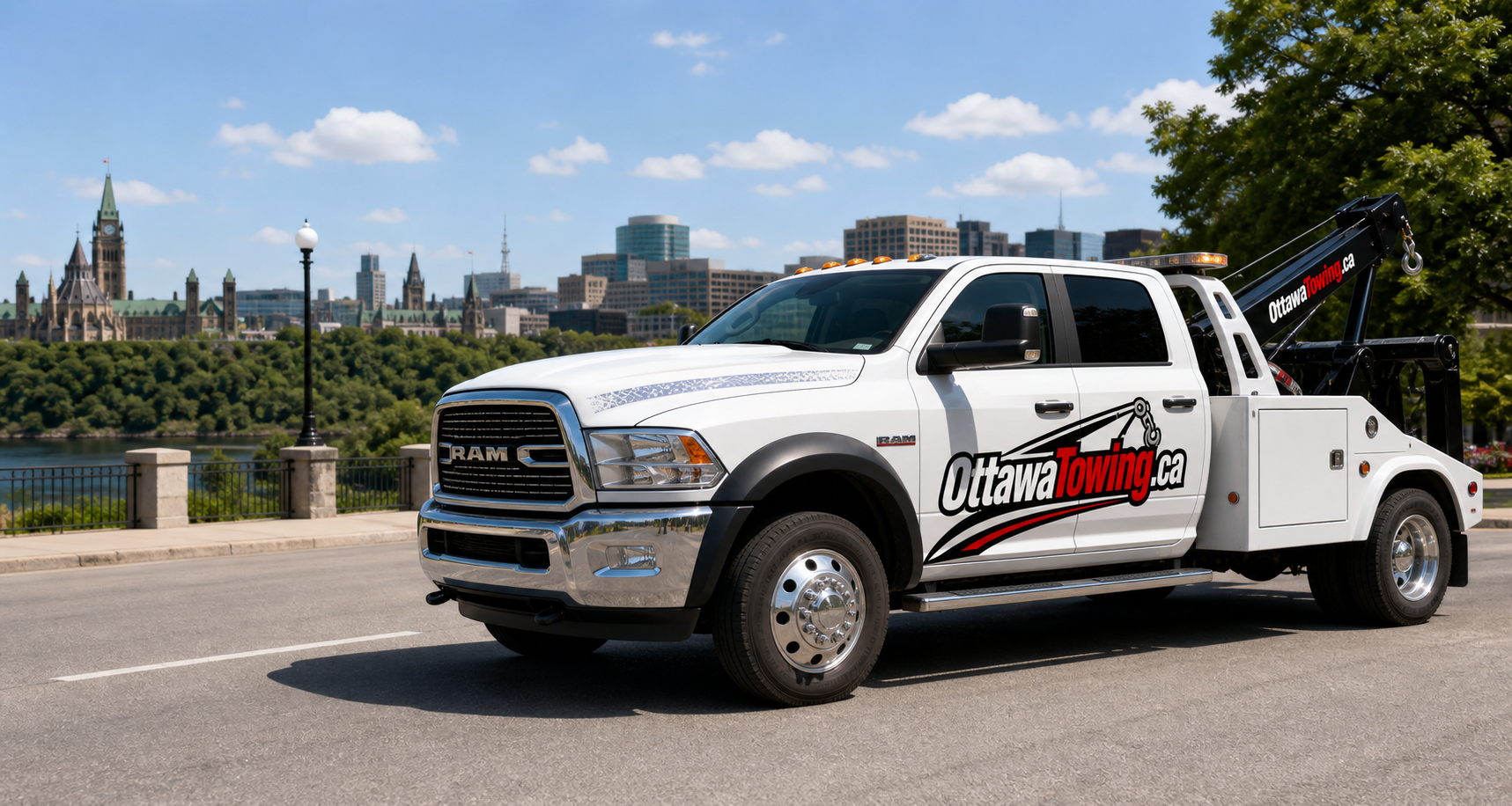 White Ottawa Towing tow truck on an Ottawa road in daylight